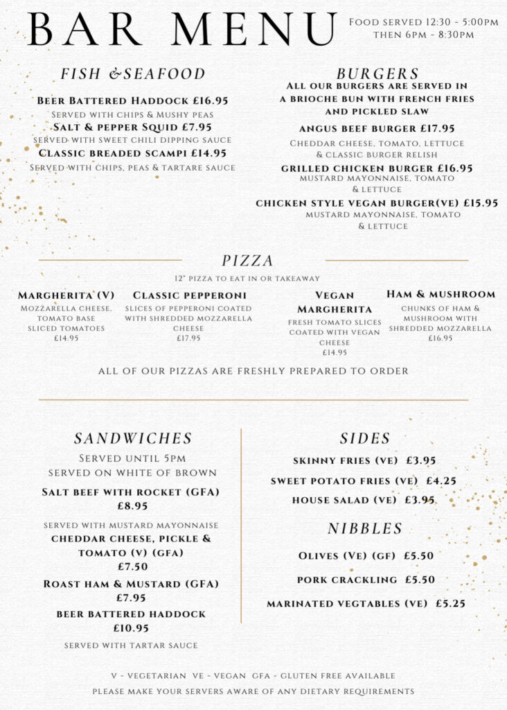 Clarion Charlecote Pheasant Stratford-upon-Avon bar menu
